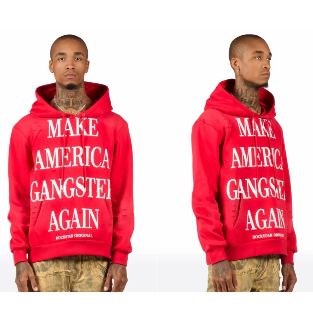 Rockstar Original Make America Gangster Again Red Distressed Graphic Hoodie NEW